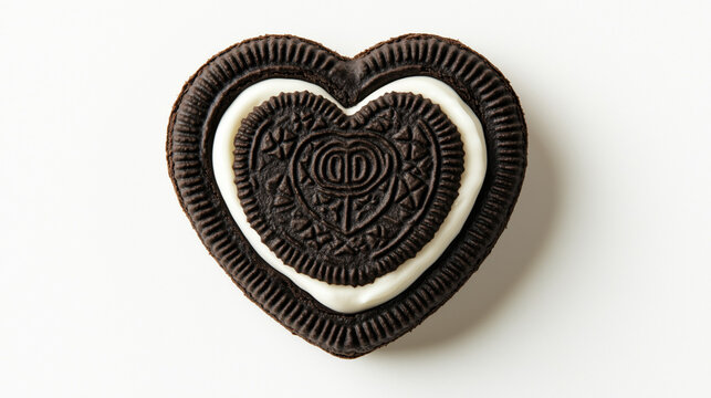 Creamy milk and delicious dark chocolate cookie in heart shape with white vanilla cream filling for vday, valentine's day gift design. heart shaped chocolate cookie sandwich with vanilla cream filling