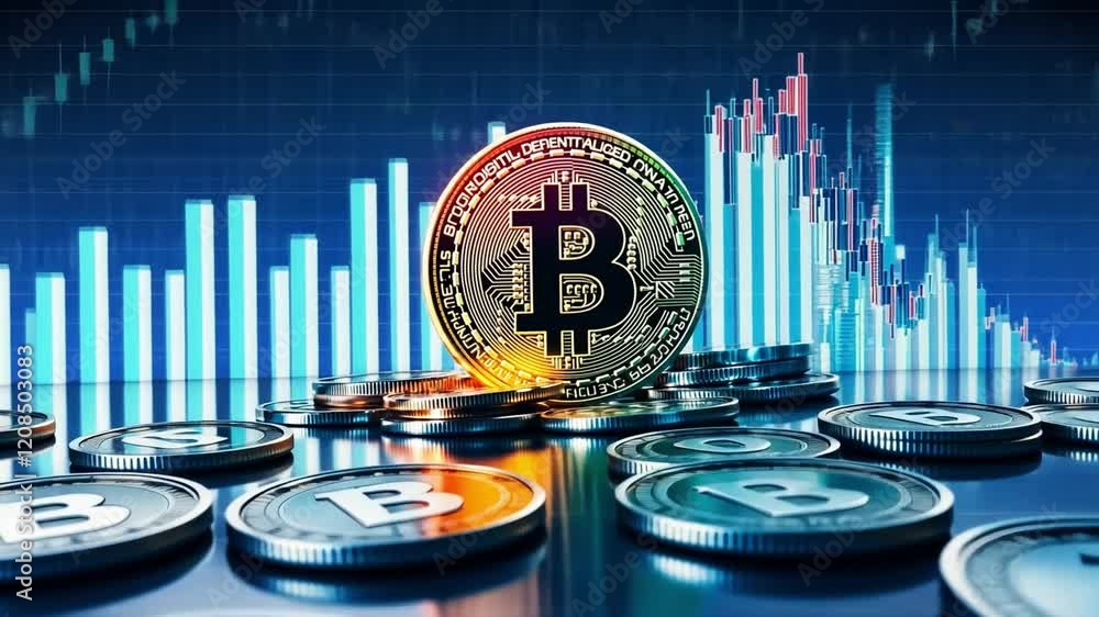 Poster bitcoin cryptocurrency on display with rising charts and market trends in background