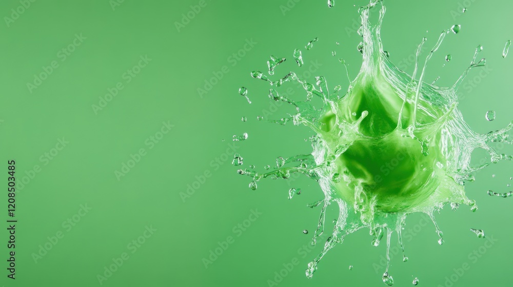 Poster dynamic splash of liquid with a green sphere on green background minimal style
