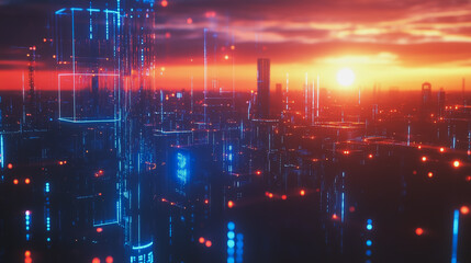 Fototapeta premium Smart digital Innovation city with connection network reciprocity over the cityscape. of future smart wireless digital city and social media networking systems that connects people with in city