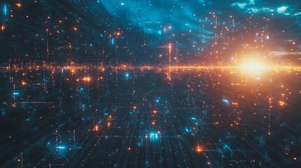 Fototapeta premium Smart digital Innovation city with connection network reciprocity over the cityscape. of future smart wireless digital city and social media networking systems that connects people with in city