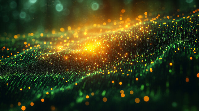 Abstract green and yellow digital binary data computer background with minimalistic bright tones modern design blurred elements creating an empty blank space for text or caption on the side

