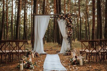 The enchanting forest setting showcases a beautifully arranged wedding ceremony with white curtains, floral accents, and candles lit on chairs beside a wooden arch.