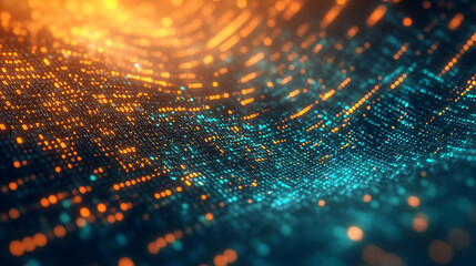 Abstract green and yellow digital binary data computer background with minimalistic bright tones modern design blurred elements creating an empty blank space for text or caption on the side

