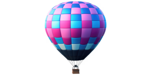 Colorful hot air balloon with pink blue and white checkered pattern isolated transparent background