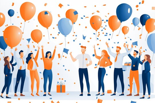 Team celebrating a major achievement with a leader delivering a congratulatory speech in a bright office clean flat vector style