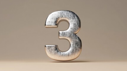 Brushed metal number three, neutral background, 3D render, countdown