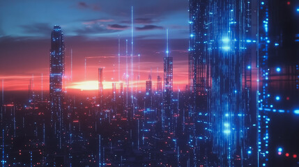 Obraz premium smart, digital, city, connection, network, reciprocity, Smart digital city with connection cyber security network reciprocity over the cityscape . future smart wireless digital city and social media n