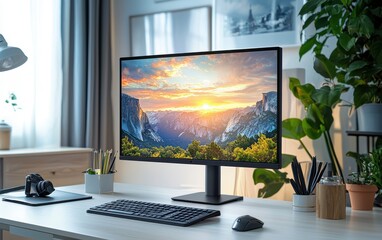 Fototapeta premium Modern office environment with a high-resolution monitor mockup on a clean white desk, subtle decor and soft lighting