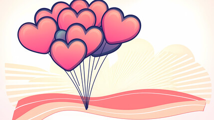 Obraz premium Heart-shaped balloons ascend, a romantic cluster against a sunburst backdrop.