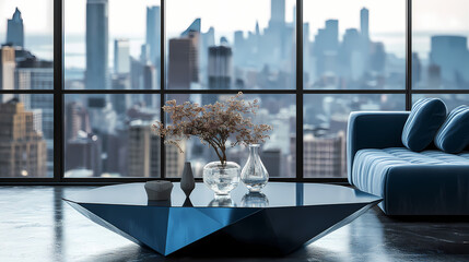 Admiring luxury condo living stylish geometric table with blue velvet accents urban skyline modern interior design contemporary elegance. Velvet Horizon. Illustration