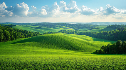 Green hills and lush meadows under a bright blue sky with scattered white clouds panoramic view minimalistic design modern blurred tones blank space for text or captions serene natural beauty

