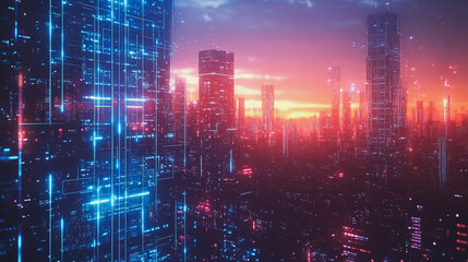 Fototapeta premium smart, digital, city, connection, network, reciprocity, Smart digital city with connection cyber security network reciprocity over the cityscape . future smart wireless digital city and social media n