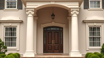 Fototapeta premium Elegant Home Exterior with Classic Columns and Grand Entrance. Luxury Real Estate, Architectural Design, and Residential Property.