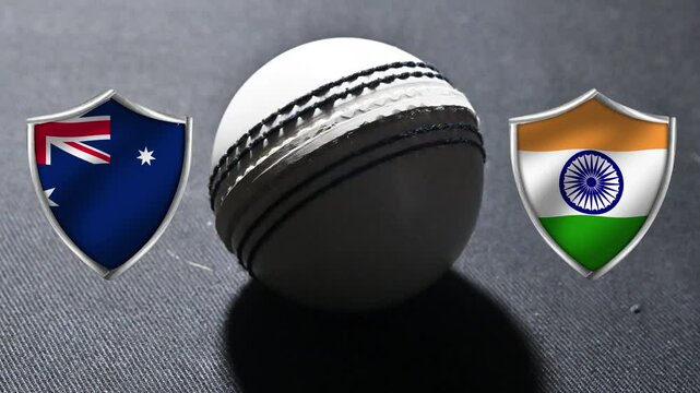 Australia Vs India Cricket Match fixture concept with waving flag inside shield and spotlight on the ball, 4k footage