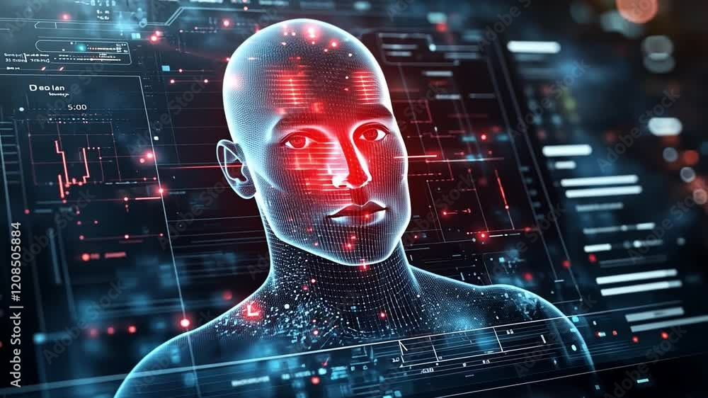Poster digital representation of a human face with holographic graphics and data analysis interface
