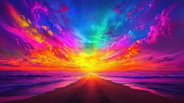 Vibrant rainbow sunset over ocean beach; path leads to horizon.  Use fantasy, dream, hope