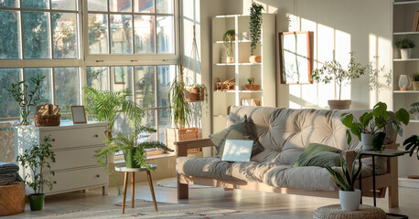 Interior of light living room with green plants, sofa and shelf unit