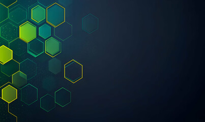 Abstract hexagonal pattern background.  Perfect for technology, science, or corporate presentations. Green and yellow hexagons on dark background.