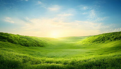 Fototapeta premium Serene sunrise over lush green valley, rolling hills, vibrant meadow, idyllic landscape, peaceful nature scene, tranquil morning light.