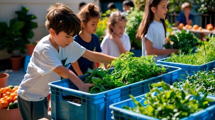 Kids learning about sustainable agriculture while harvesting leafy greens and herbs in a community garden filled with fresh produce..