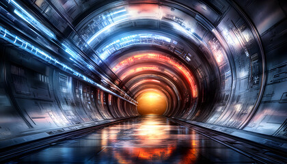 Fototapeta premium Futuristic Sci-Fi Tunnel, glowing neon lights, digital technology, abstract, vibrant colors, circular pathway, bright future, technological advancement, high-tech corridor.