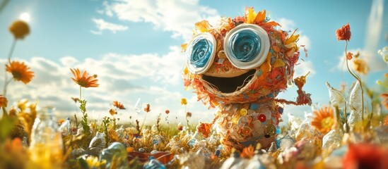 Colorful and cheerful fantasy creature with a happy smiling expression surrounded by a vibrant garden filled with flowers mushrooms and other whimsical elements