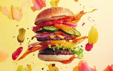 A bold spicy chipotle sauce swirling around a stacked plant-based burger with grilled vegetables and pickled jalape&Atilde;?os, styled on a pastel yellow background