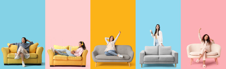 Collage of young women with soft sofas on color background