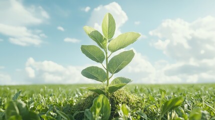 Fototapeta premium Young plant growing, sunny field, sky, nature, growth concept