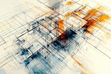 Abstract line art focusing on architectural blueprints and design sketches.