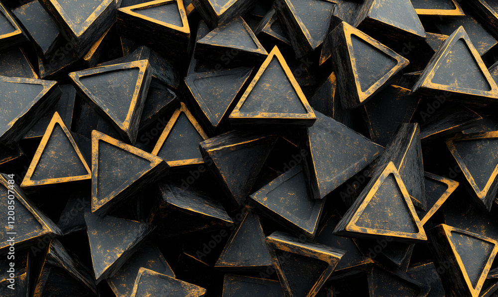 Poster abstract background of dark, textured triangular shapes with gold accents, creating a visually strik