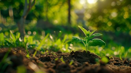 A close-up of a small green plant sprouting from rich soil under warm sunlight, symbolizing growth, nature, and sustainability..