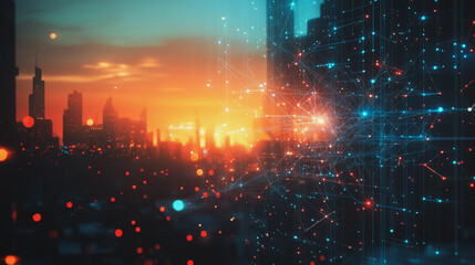 Fototapeta premium Smart Innovation city with connection cyber security network reciprocity over the sunset cityscape future wireless digital city and social media networking systems that connects people in the city