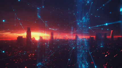 Fototapeta premium Smart Innovation city with connection cyber security network reciprocity over the sunset cityscape future wireless digital city and social media networking systems that connects people in the city