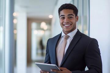 Fototapeta premium Portrait of a young hispanic business man standing in office, smiling, holding a tablet