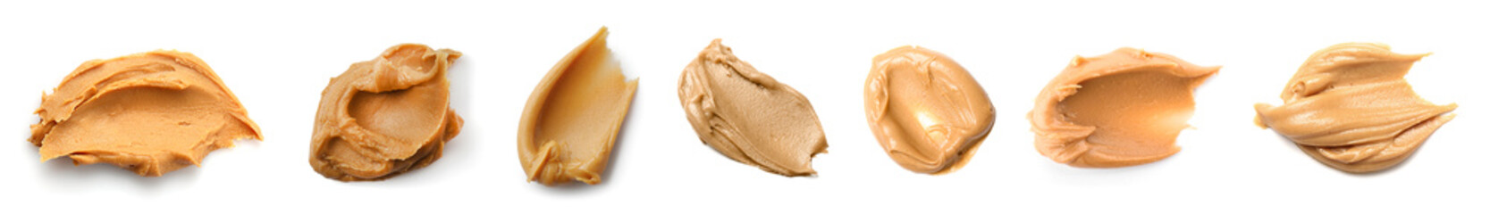 Set of tasty peanut butter on white background
