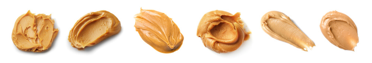 Set of tasty peanut butter on white background, top view