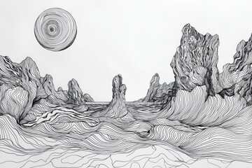 Abstract line drawings creating surreal landscapes and dreamlike scenes.