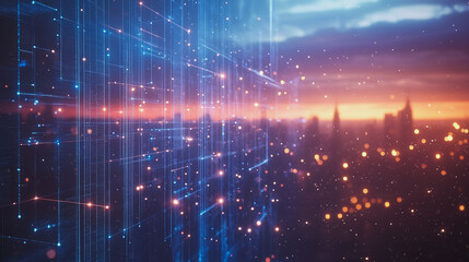 Obraz premium Smart Innovation city with connection cyber security network reciprocity over the sunset cityscape future wireless digital city and social media networking systems that connects people in the city