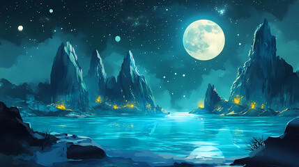 Moonlit lagoon: illustrate the serenity of the blue lagoon under the soft glow of moonlight, creating a dreamlike and enchanting ambiance. Starlit Lagoon. Illustration