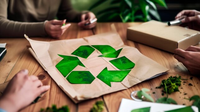 Group of professionals working on eco-conscious strategies in a modern office, with recycling symbols and green materials in focus..