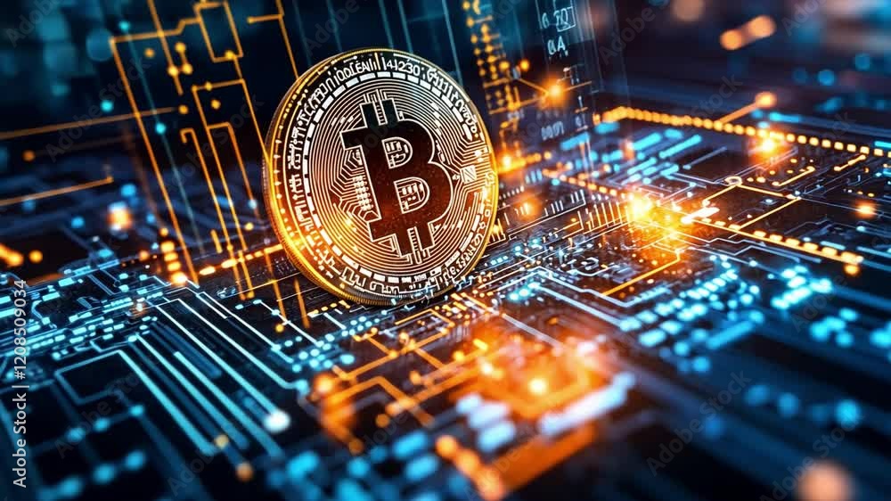 Poster exploring digital currency technology with vibrant blockchain network visuals