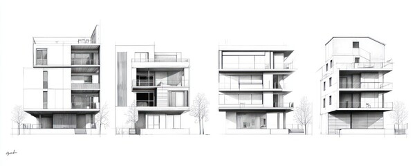 Architectural line drawings modern buildings with attention to structural elements.
