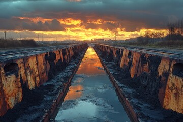 Sunset over rusty, mud-filled dock channel.