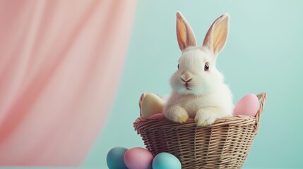 Charming easter bunny in basket with colorful dyed eggs for holiday decor