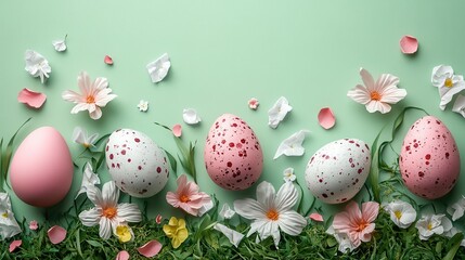 Easter celebration with decorative speckled eggs and flowers on green background