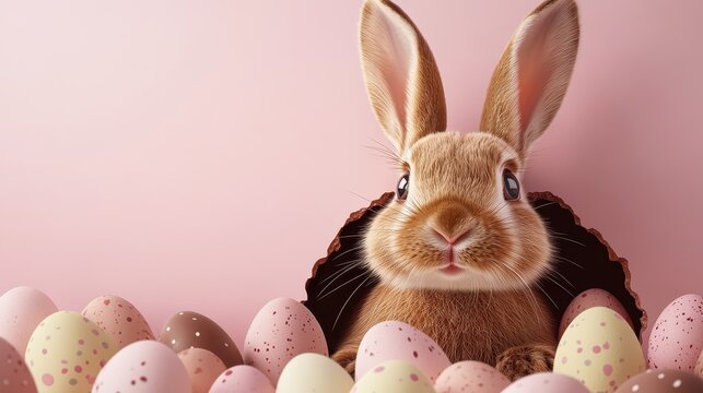 Easter bunny emerging from a chocolate egg surrounded by pastel easter eggs - Powered by Adobe