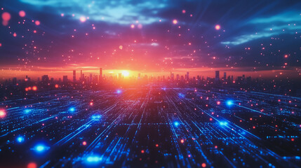 Naklejka premium Smart Innovation city with connection cyber security network reciprocity over the sunset cityscape future wireless digital city and social media networking systems that connects people in the city