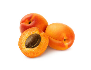 Set of three apricots, isolated on transparent background. Whole and half.